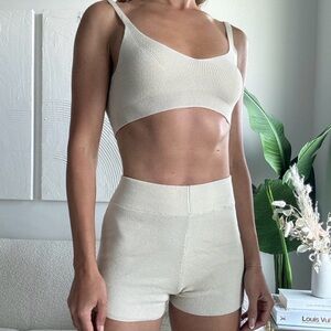 Cream Ribbed Knit Crop Top and Shorts Set